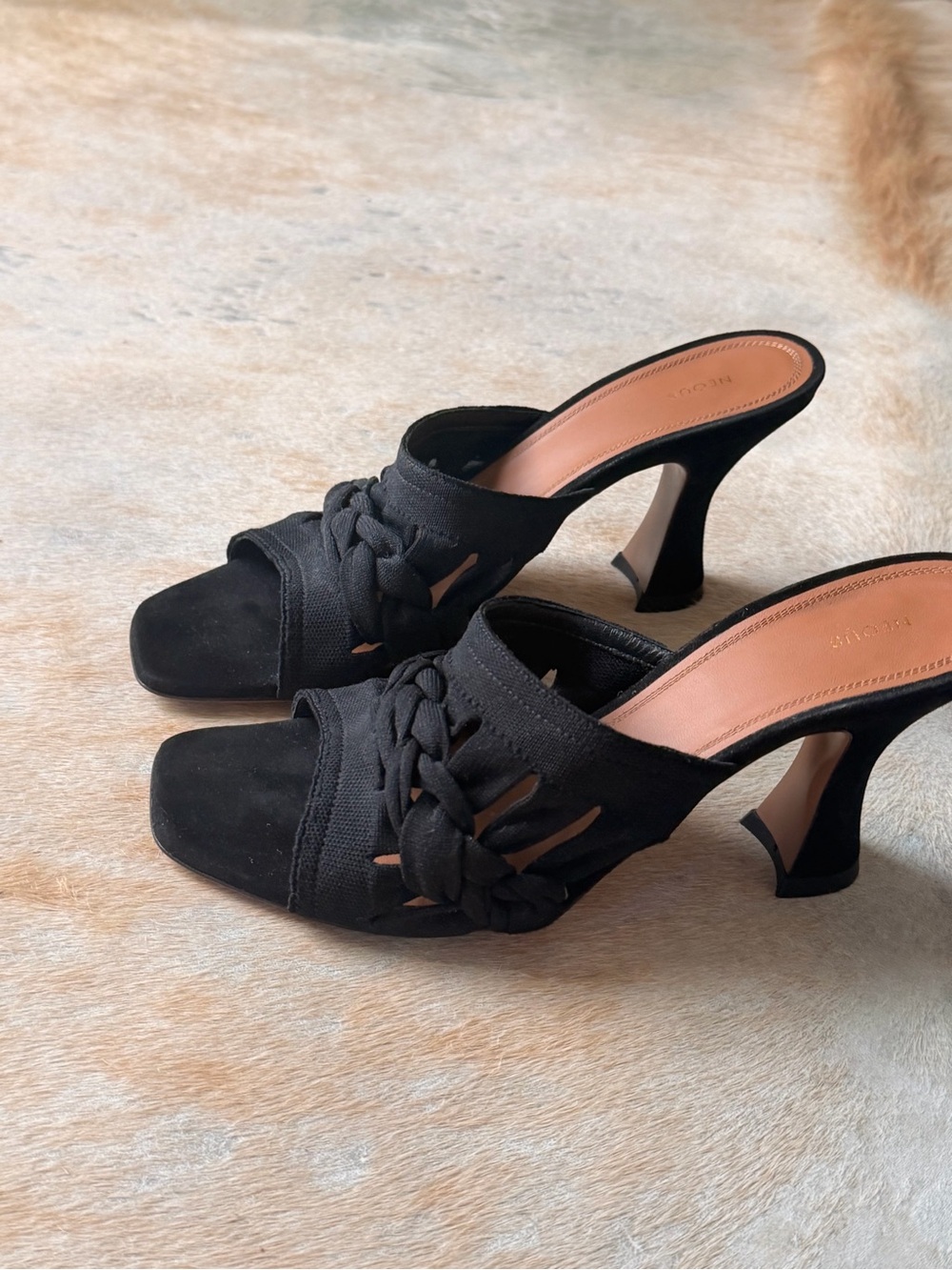 NEOUS Black Braided Square-Toe Sculptural Heel Mules